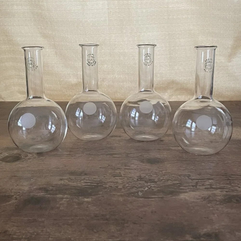Vintage Pyrex Lab Flasks 250 ML Set of 4 Apothecary Flat Bottom Propagation Vase